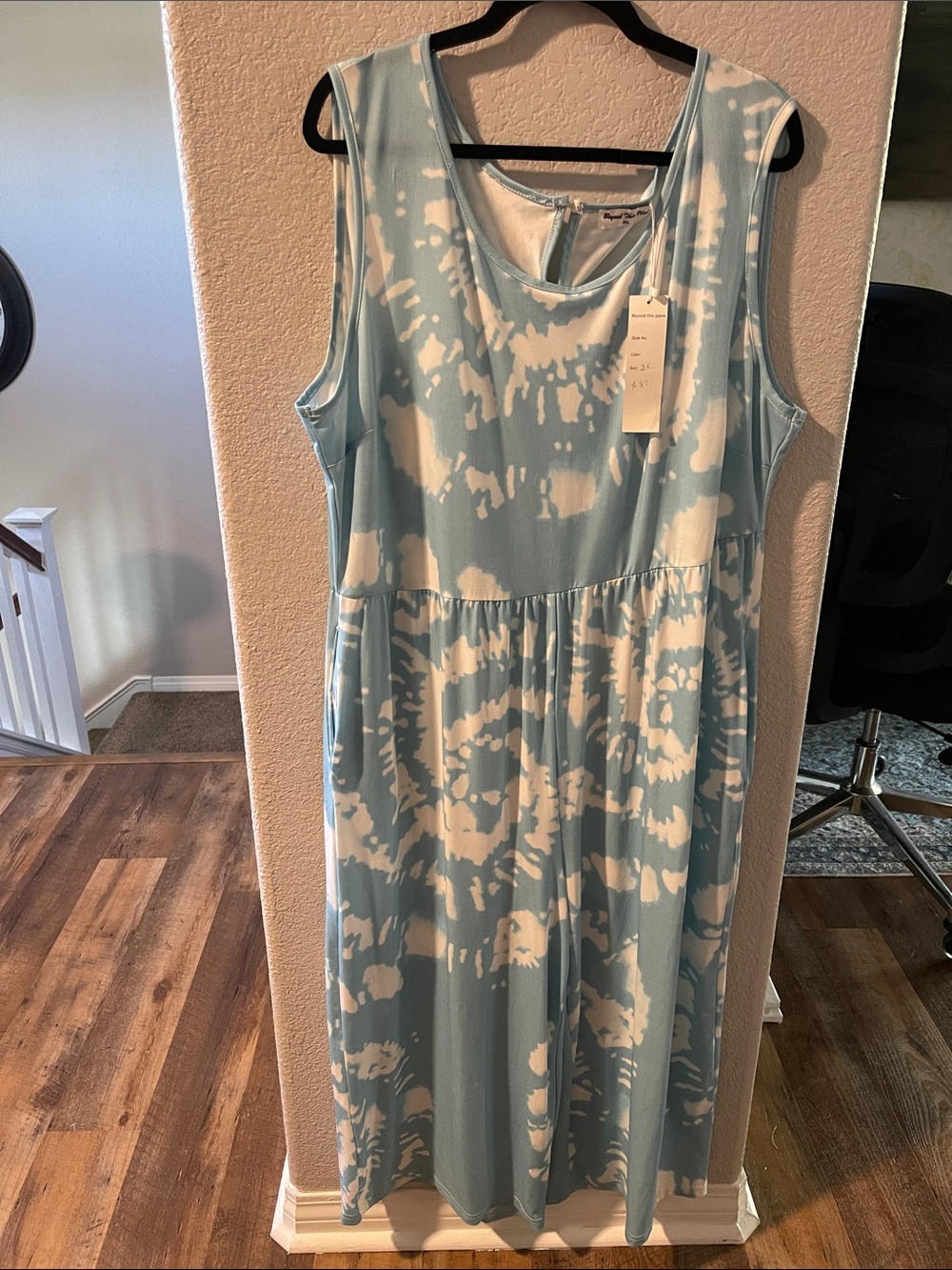 Sleeveless Light Blue and White Tie-Dye Wide Leg Jumpsuit 2X NEW